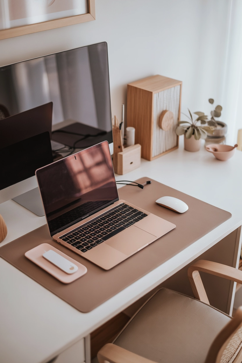 "Pinterest-style aesthetic image showing a modern desk with a large desk mat under laptop and keyboard, pastel workspace accessories, bright colors, cozy lifestyle photography, modern composition, ultra detailed, vertical format"