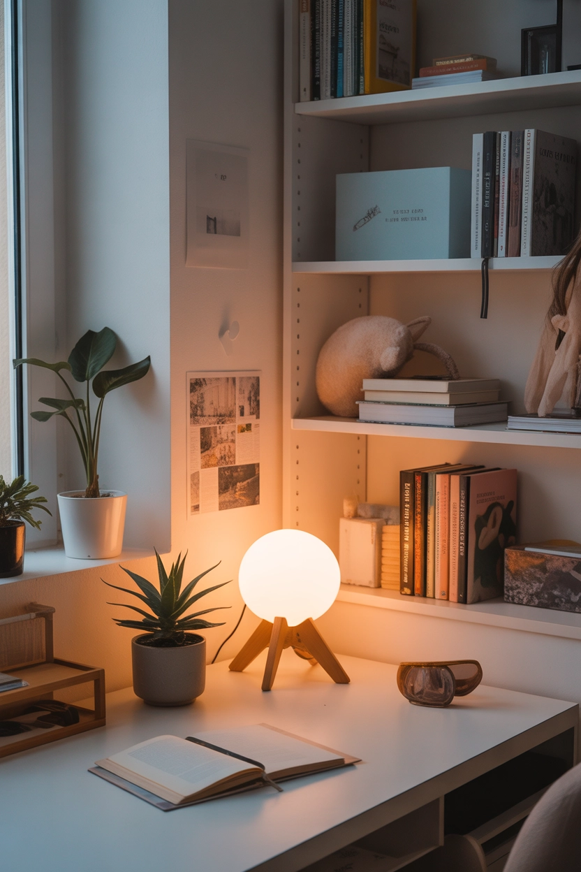 "Pinterest-style aesthetic image showing a cozy desk corner with warm lighting, small lamp, plant, books, and soft decorative elements, bright colors, cozy lifestyle photography, ultra detailed, vertical format"