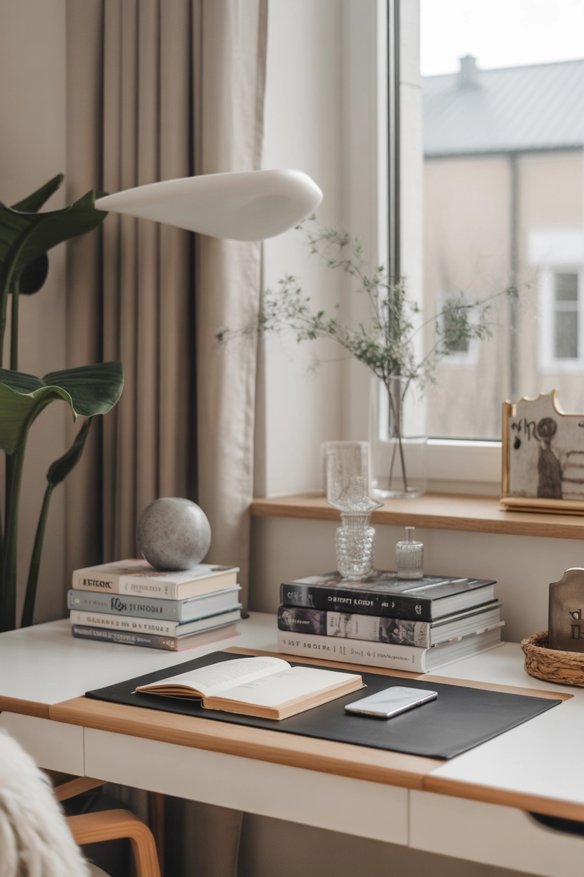 "Pinterest-style aesthetic image showing a desk styled with stacked books, decorative items, and a modern workspace setup, bright natural lighting, cozy lifestyle photography, vertical format"
