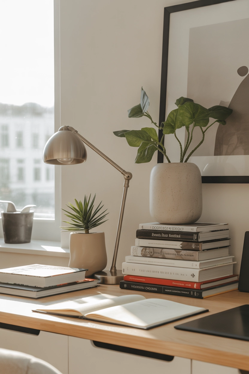 "Pinterest-style aesthetic image showing a modern desk with soft LED lighting behind the desk and shelves, glowing ambient light, bright colors, cozy lifestyle photography, vertical format"