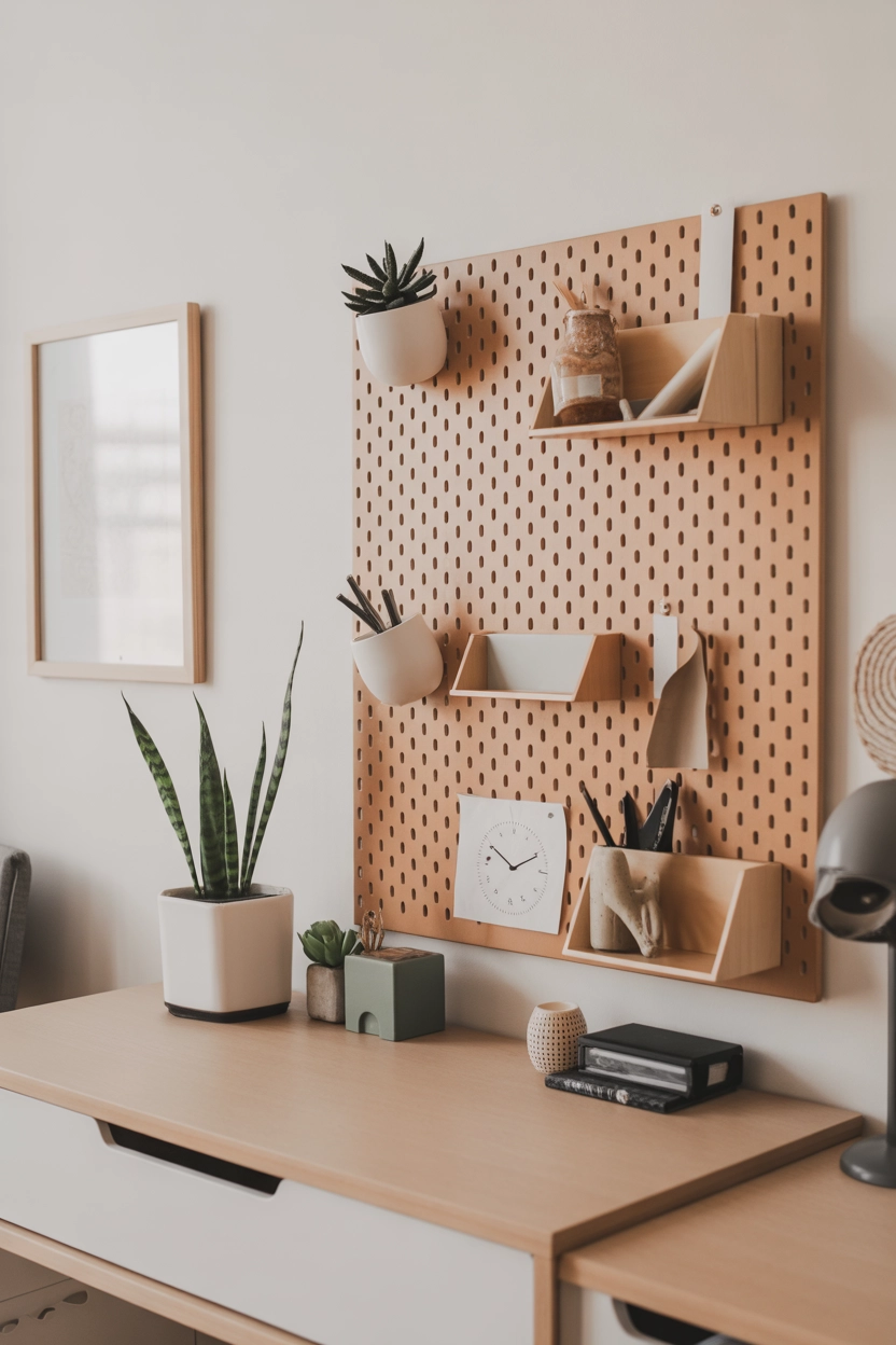 "Pinterest-style aesthetic image showing a desk with a pegboard wall organizer holding stationery, small plants, and decor items, bright colors, cozy lifestyle photography, modern aesthetic composition, vertical format"