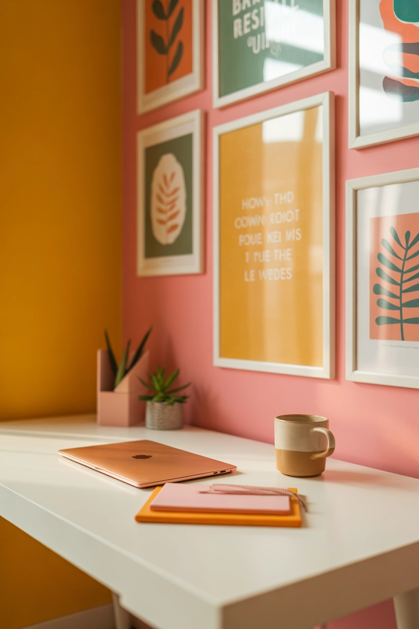 "Pinterest-style aesthetic image showing a stylish workspace desk with a statement wall featuring wallpaper or art prints, bright colors, cozy lifestyle photography, vertical format"