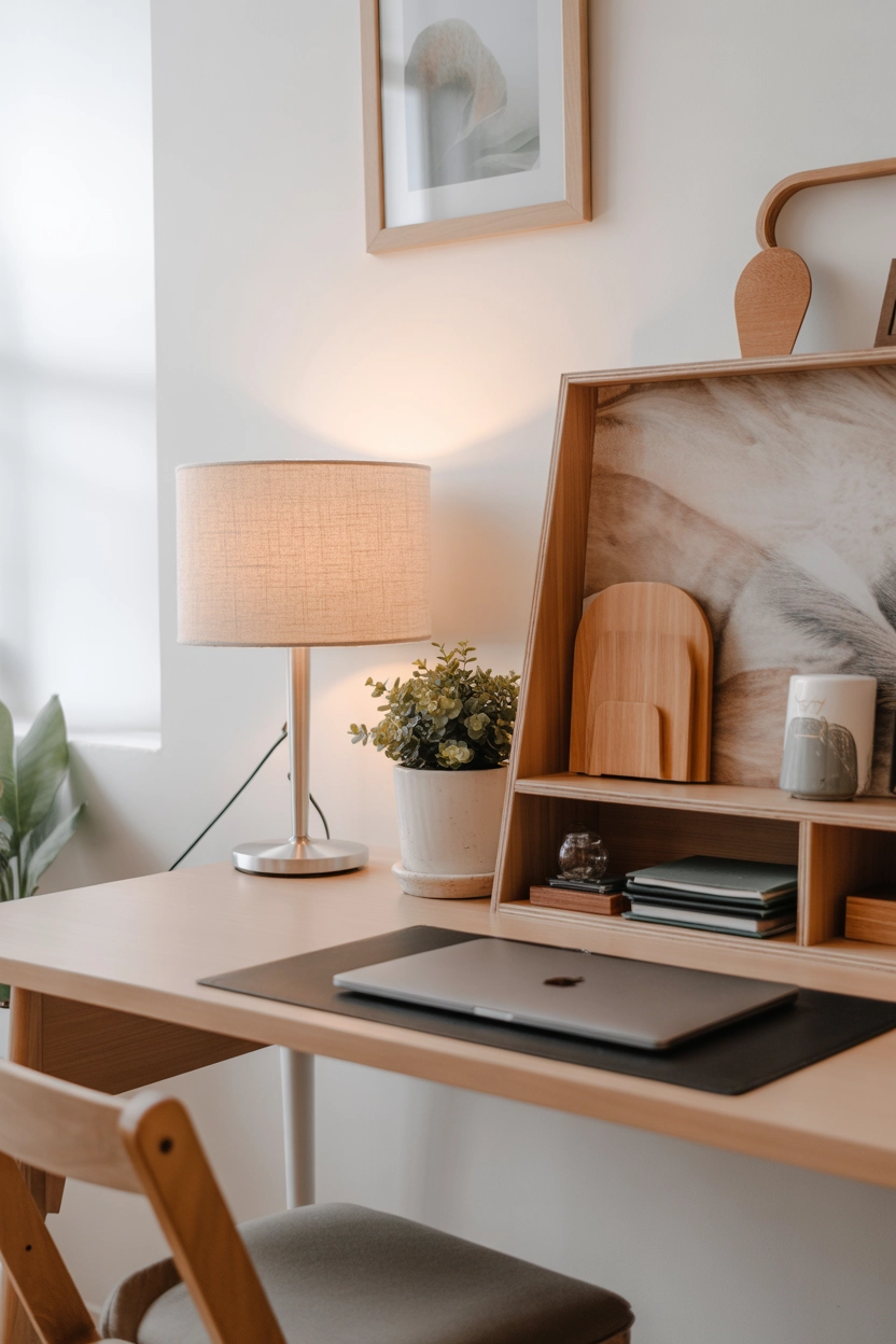 "Pinterest-style aesthetic image showing a desk with natural wood accessories, plant, laptop, and warm modern workspace design, bright natural lighting, cozy lifestyle photography, vertical format"