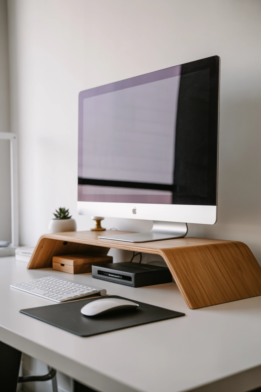 "Pinterest-style aesthetic image showing a desk with a stylish monitor stand creating extra space for keyboard and accessories, modern organized workspace, vertical format"