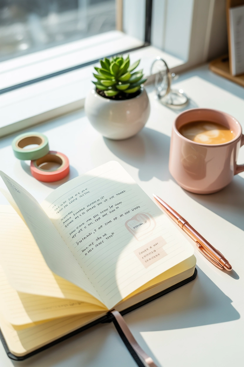 "Pinterest-style aesthetic image showing a desk with an open inspiration journal, pen, cozy workspace decor, soft natural lighting, bright colors, lifestyle photography, vertical format"
