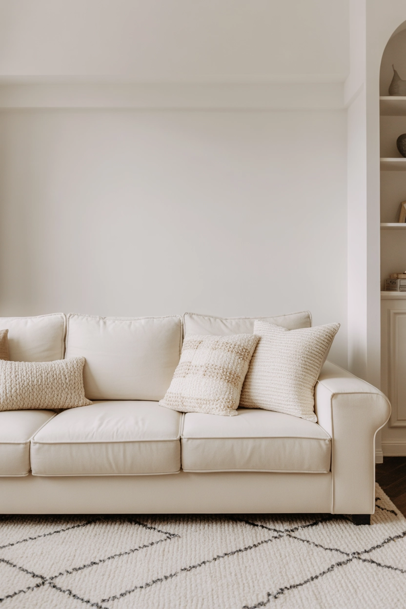 "Pinterest-style aesthetic image showing a small white living room layered with cream sofa, ivory rug, white walls, and textured pillows, soft natural lighting, bright colors, cozy lifestyle photography, modern composition, ultra detailed, vertical format"
