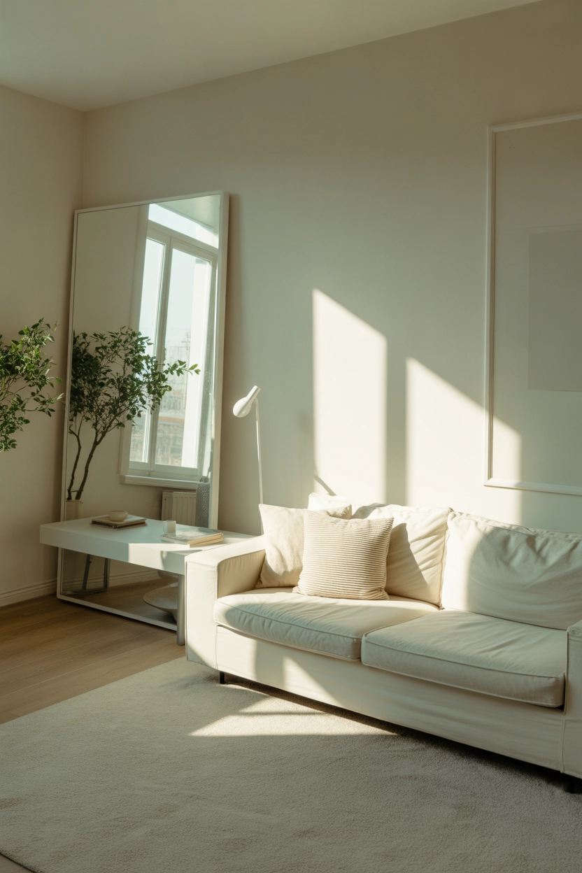 "Pinterest-style aesthetic image showing a small white living room with large wall mirror reflecting sunlight, white sofa, minimal decor, bright airy lighting, modern aesthetic lifestyle photography, ultra detailed, vertical format"