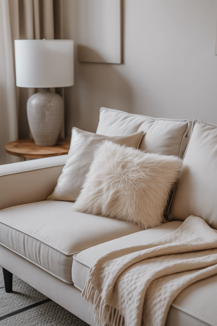 "Pinterest-style aesthetic image showing a cozy white sofa with fluffy pillows and soft throw blanket in a small bright living room, soft natural lighting, cozy lifestyle photography, modern minimalist aesthetic, ultra detailed, vertical format"