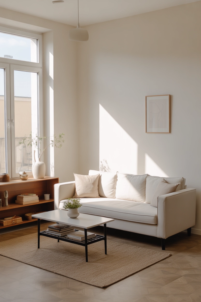 "Pinterest-style aesthetic image showing a minimalist small white living room with simple sofa, small coffee table, clean decor, bright natural light, modern aesthetic composition, cozy lifestyle photography, vertical format"