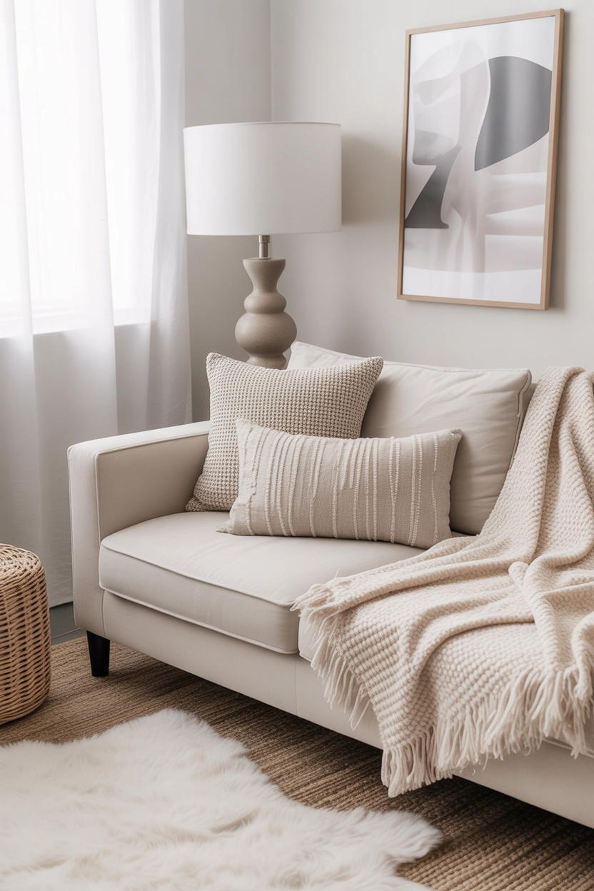 "Pinterest-style aesthetic image showing a small white living room with textured knit throws, fluffy rug, linen cushions, bright cozy lighting, aesthetic lifestyle photography, modern design, vertical format"