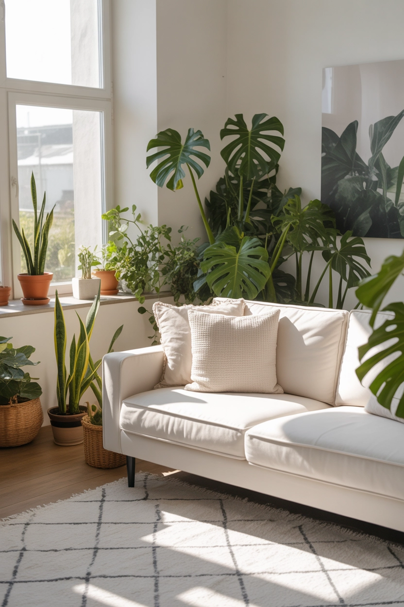 "Pinterest-style aesthetic image showing a small white living room with green houseplants, white sofa, bright sunlight, modern aesthetic lifestyle photography, cozy and fresh interior design, ultra detailed, vertical format"