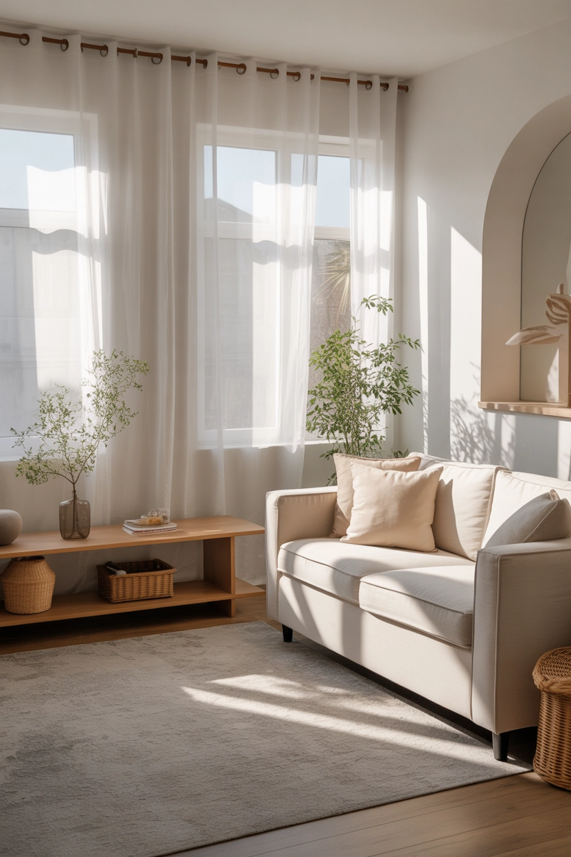 "Pinterest-style aesthetic image showing a bright small white living room with sheer white curtains flowing in sunlight, cozy sofa and minimal decor, aesthetic lifestyle photography, modern clean interior, vertical format"