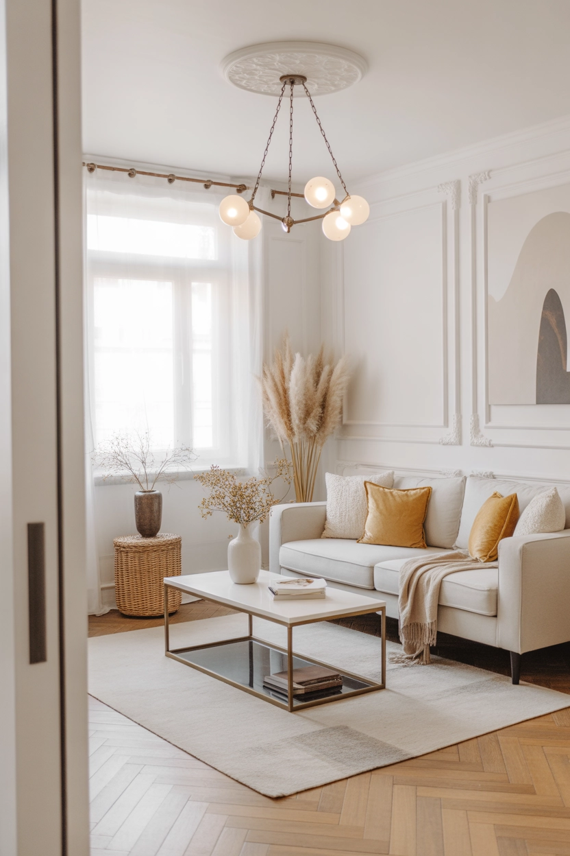 "Pinterest-style aesthetic image showing a small white living room with gold accent decor, white sofa, stylish coffee table, bright elegant lighting, modern aesthetic interior photography, vertical format"