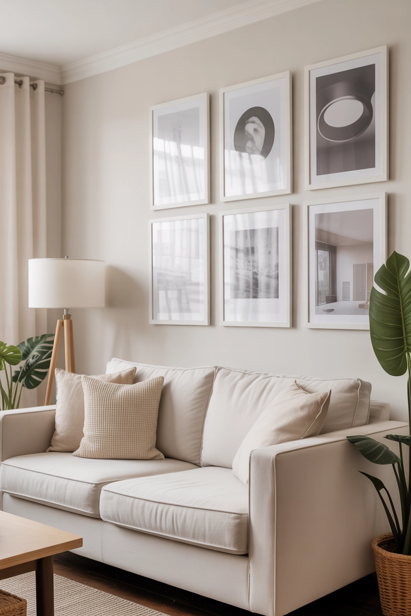 "Pinterest-style aesthetic image showing a small white living room gallery wall with minimalist art frames above a white sofa, bright natural lighting, modern lifestyle photography, aesthetic composition, vertical format"