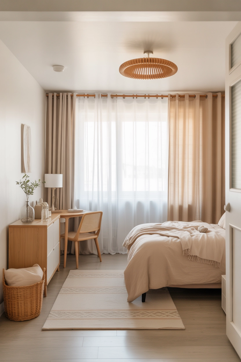 "Pinterest-style aesthetic image showing a small bedroom with soft white walls, beige bedding, light wood furniture, airy curtains, and cozy textures, soft natural lighting, bright colors, cozy lifestyle photography, modern composition, ultra detailed, vertical format"
