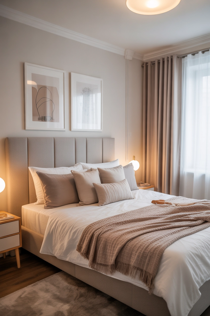 "Pinterest-style aesthetic image showing a small bedroom with a tall upholstered headboard, neutral bedding, stylish wall art, cozy lighting, modern bedroom styling, soft natural lighting, bright colors, cozy lifestyle photography, ultra detailed, vertical format"