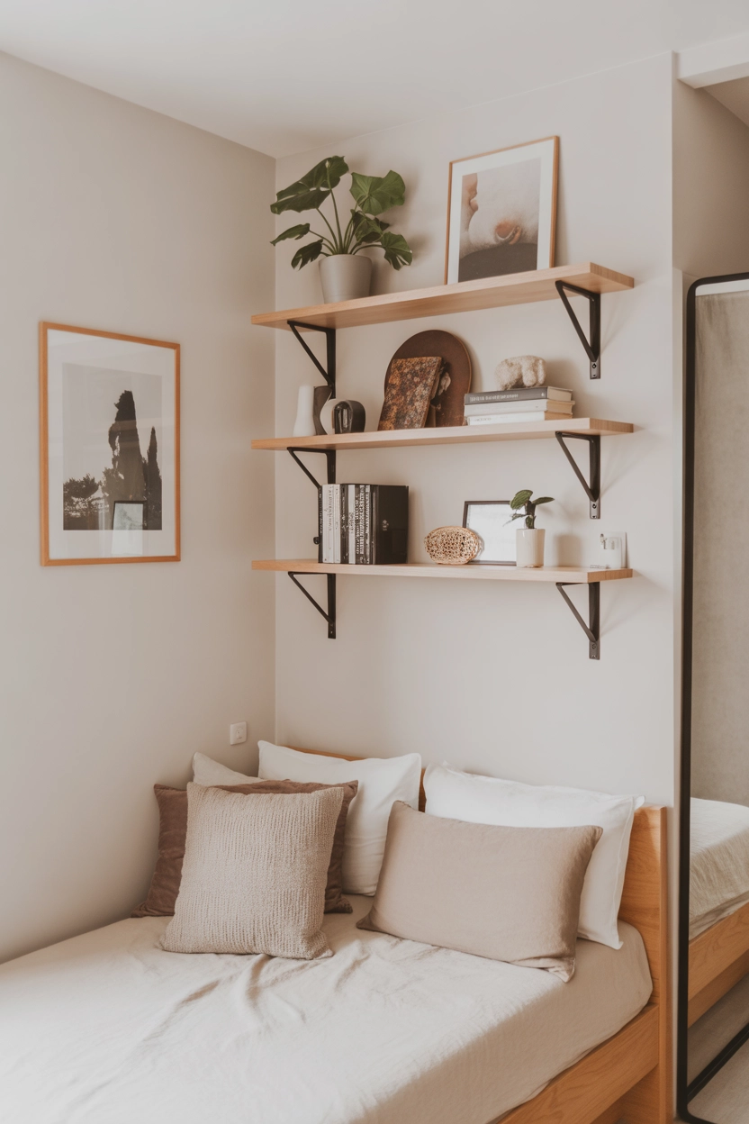 "Pinterest-style aesthetic image showing a small bedroom with floating wall shelves holding plants, books, and decorative objects, minimalist décor, modern cozy bedroom, bright colors, soft natural lighting, aesthetic lifestyle photography, vertical format"
