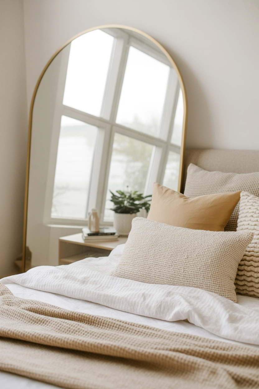 "Pinterest-style aesthetic image showing a small bedroom with a large decorative mirror reflecting natural light, neutral bedding, modern décor, cozy lifestyle photography, bright colors, vertical format"