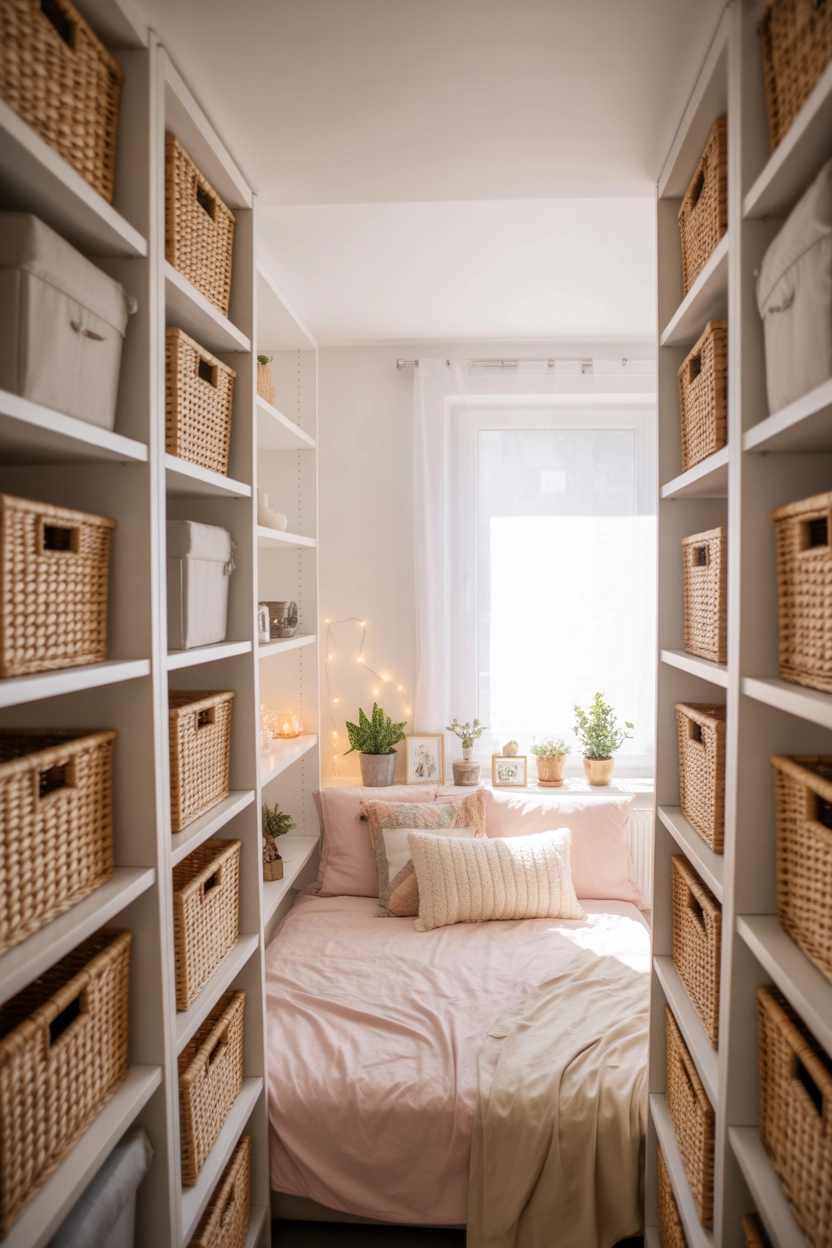 "Pinterest-style aesthetic image showing a small bedroom with tall shelving units, organized storage baskets, cozy décor accents, modern aesthetic bedroom, bright colors, soft natural lighting, vertical format"