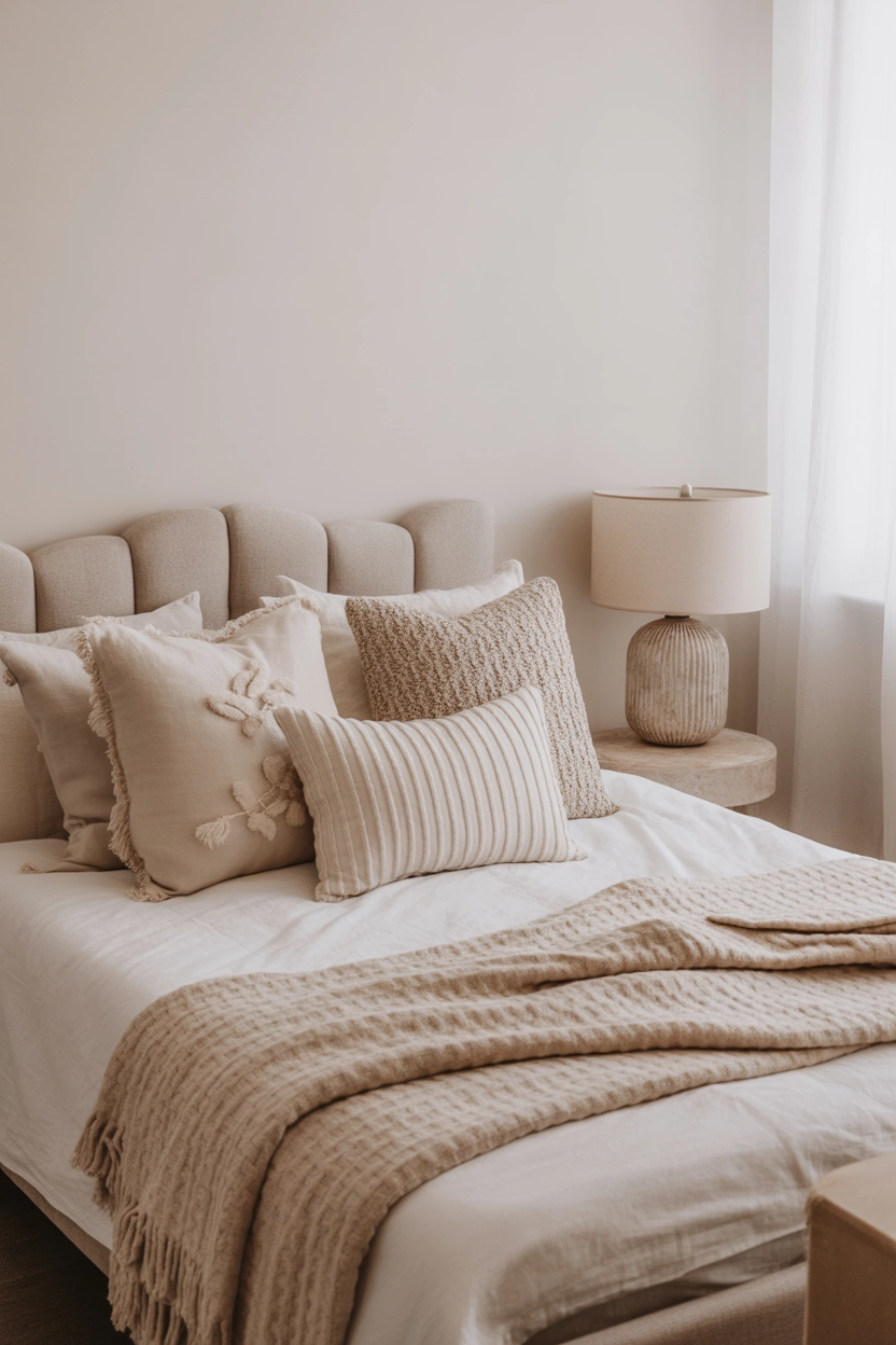"Pinterest-style aesthetic image showing a cozy small bedroom with layered bedding, textured throw blankets, decorative pillows, soft neutral tones, lifestyle photography, bright aesthetic colors, vertical format"