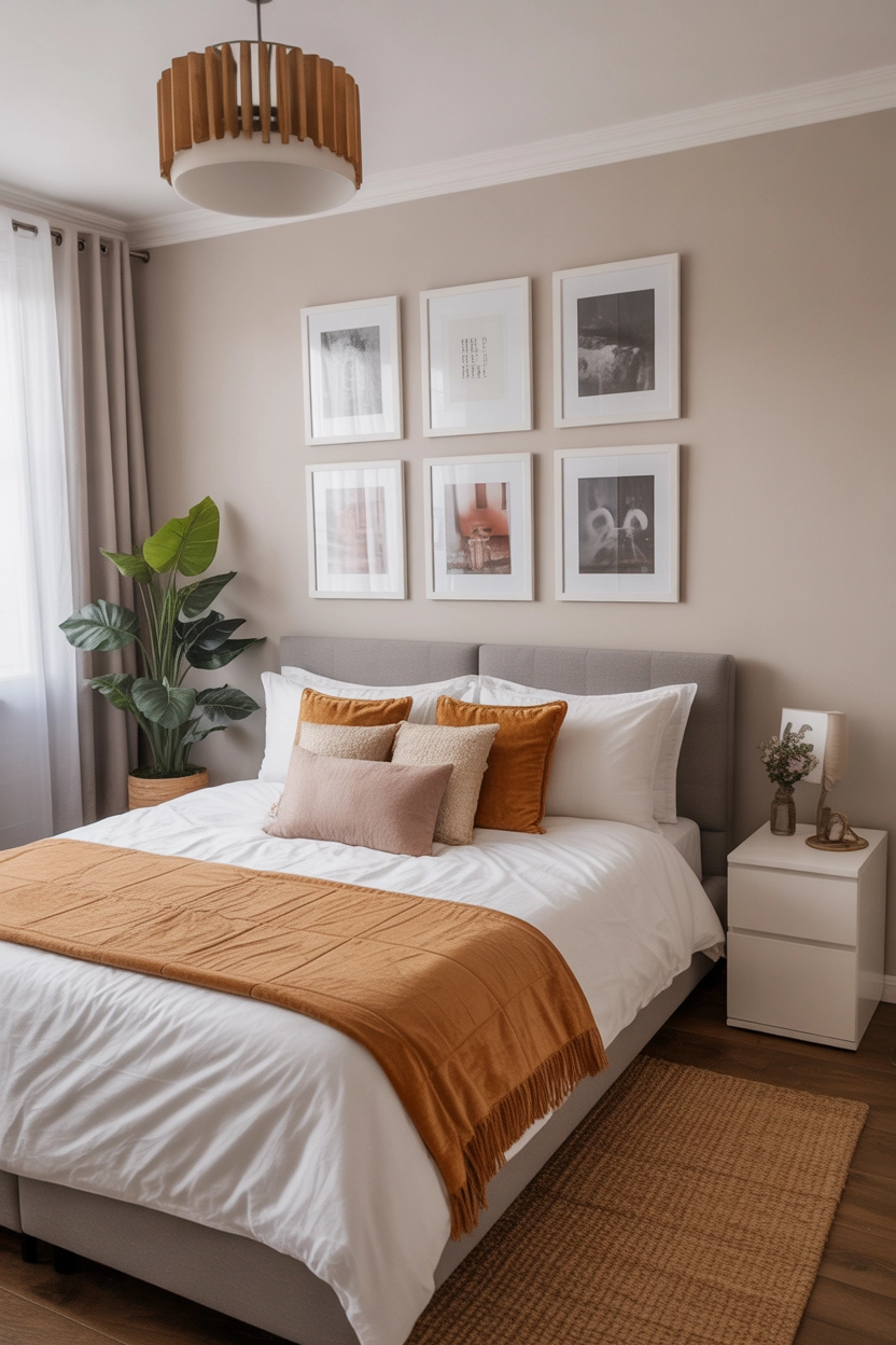"Pinterest-style aesthetic image showing a small bedroom with a stylish gallery wall above the bed, framed artwork, cozy bedding, modern décor, bright colors, aesthetic lifestyle photography, vertical format"