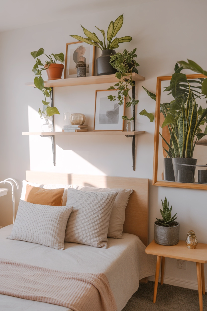 "Pinterest-style aesthetic image showing a small bedroom with indoor plants on shelves and bedside table, cozy modern décor, natural light, bright aesthetic colors, lifestyle photography, vertical format"
