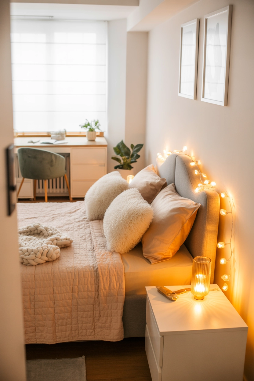 "Pinterest-style aesthetic image showing a cozy small bedroom with warm bedside lamps, fairy lights, soft bedding, modern aesthetic décor, bright colors, cozy lifestyle photography, vertical format"