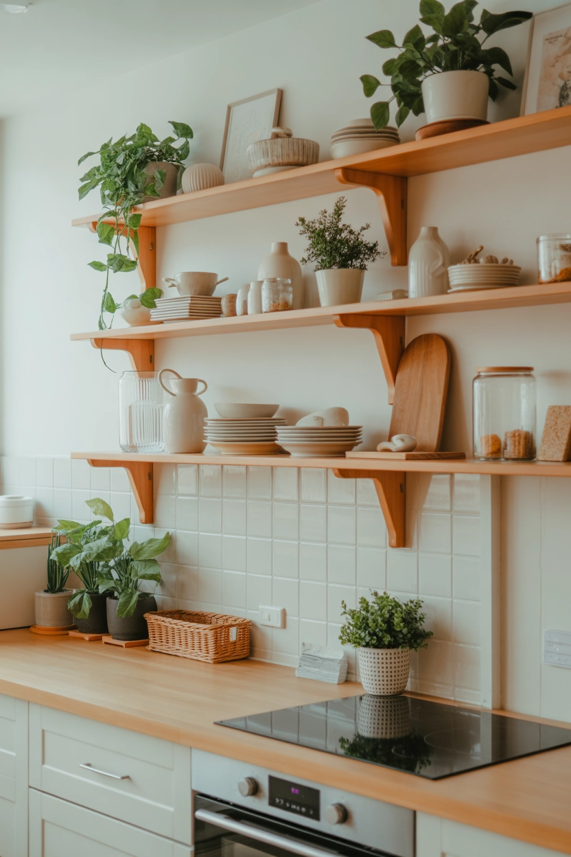"Pinterest-style aesthetic image showing a modern kitchen with open wooden shelves displaying ceramic dishes, plants, and glass jars, soft natural lighting, bright colors, cozy lifestyle photography, modern composition, ultra detailed, vertical format"