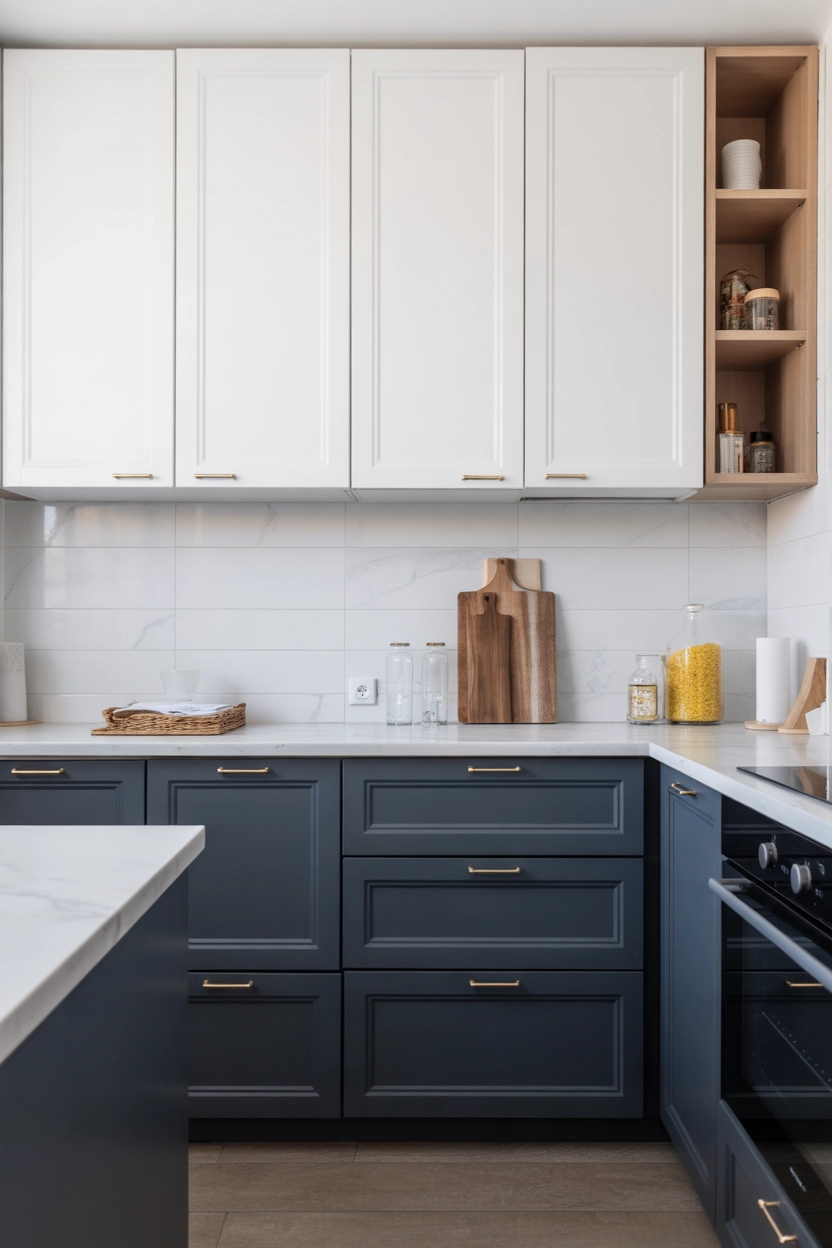 "Pinterest-style aesthetic image showing a kitchen with two-tone cabinets, white upper cabinets and deep navy lower cabinets, marble countertop, modern bright interior, aesthetic lifestyle photography, ultra detailed, vertical format"