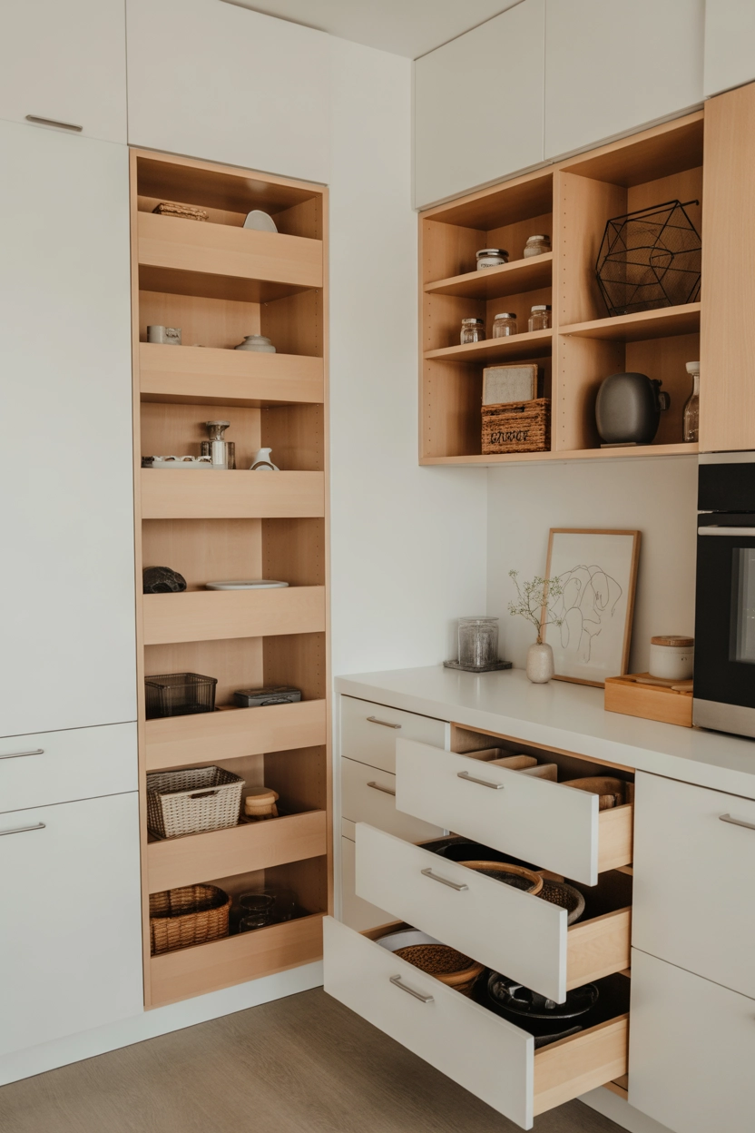 "Pinterest-style aesthetic image showing a modern kitchen with hidden pull-out storage cabinets and organized drawers, bright clean counters, minimalist design, cozy lifestyle photography, ultra detailed, vertical format"