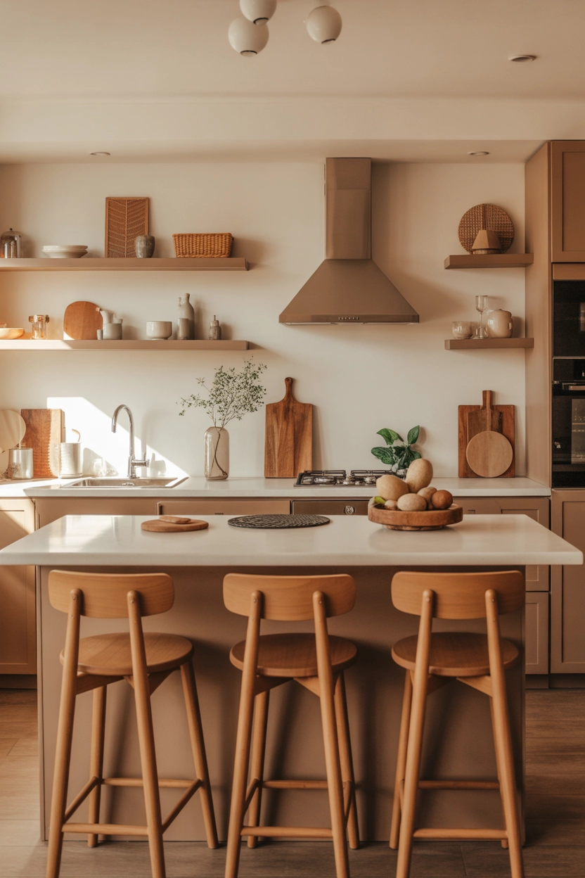 "Pinterest-style aesthetic image showing a modern kitchen with warm wooden accents, wood bar stools, wooden cutting boards and shelves, bright cozy lighting, aesthetic lifestyle photography, ultra detailed, vertical format"