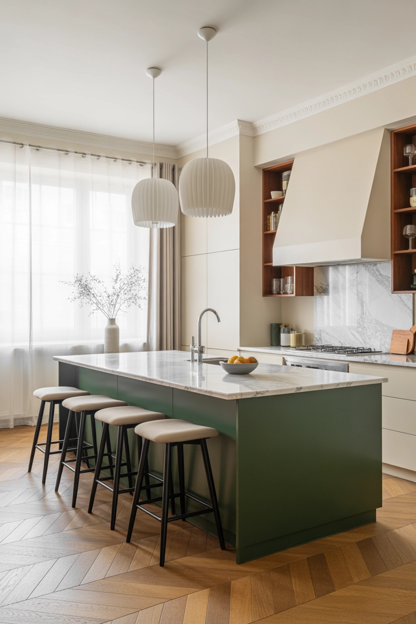 "Pinterest-style aesthetic image showing a bold kitchen island in deep green color with marble countertop, modern bright kitchen interior, stylish bar stools, cozy lifestyle photography, ultra detailed, vertical format"
