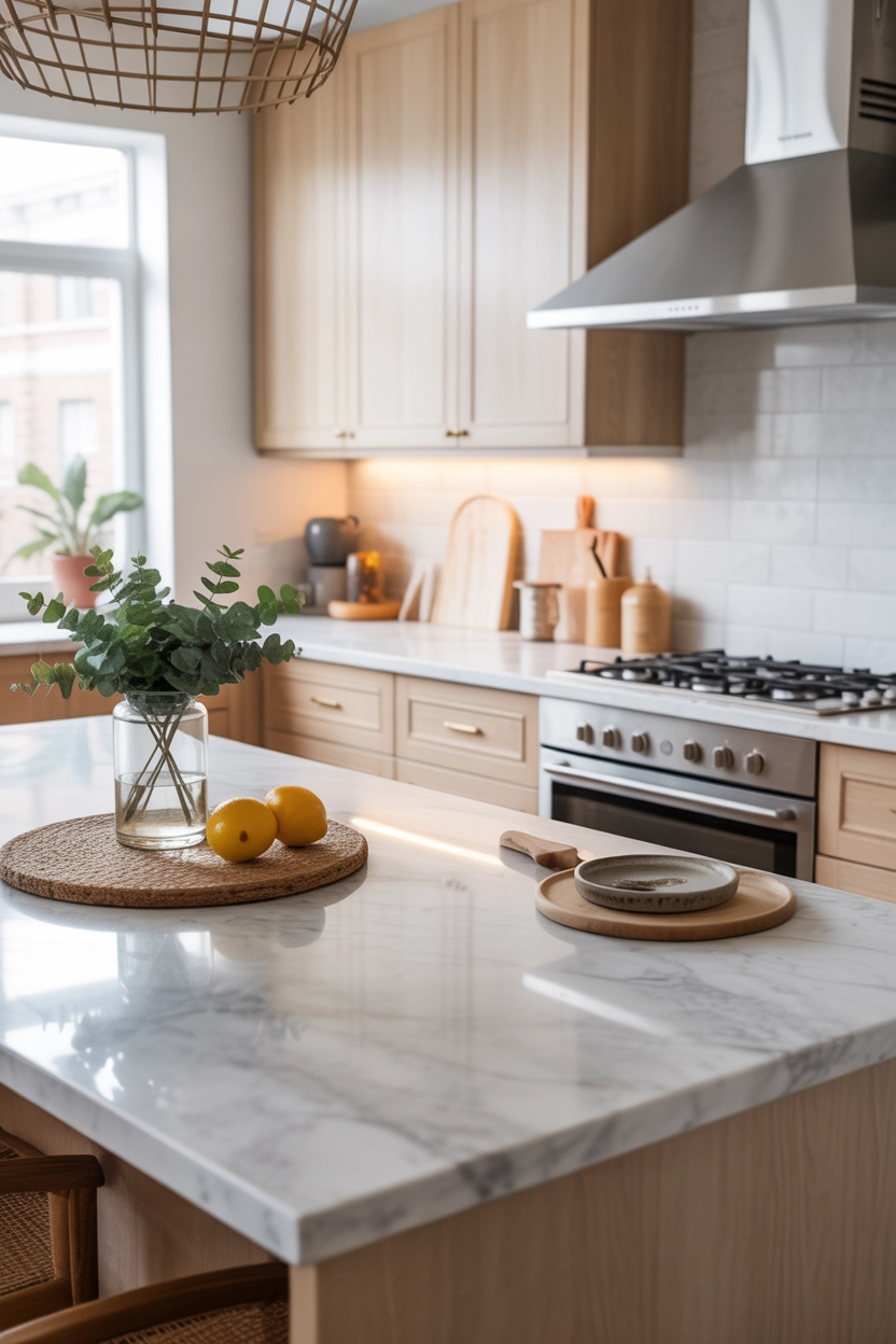 "Pinterest-style aesthetic image showing elegant marble kitchen countertops with subtle veining, bright modern kitchen interior, natural lighting, aesthetic lifestyle photography, ultra detailed, vertical format"