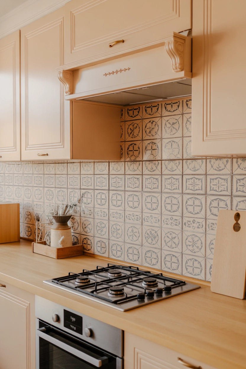 "Pinterest-style aesthetic image showing a kitchen backsplash with stylish patterned tiles, bright modern kitchen interior, warm natural lighting, aesthetic lifestyle photography, ultra detailed, vertical format"