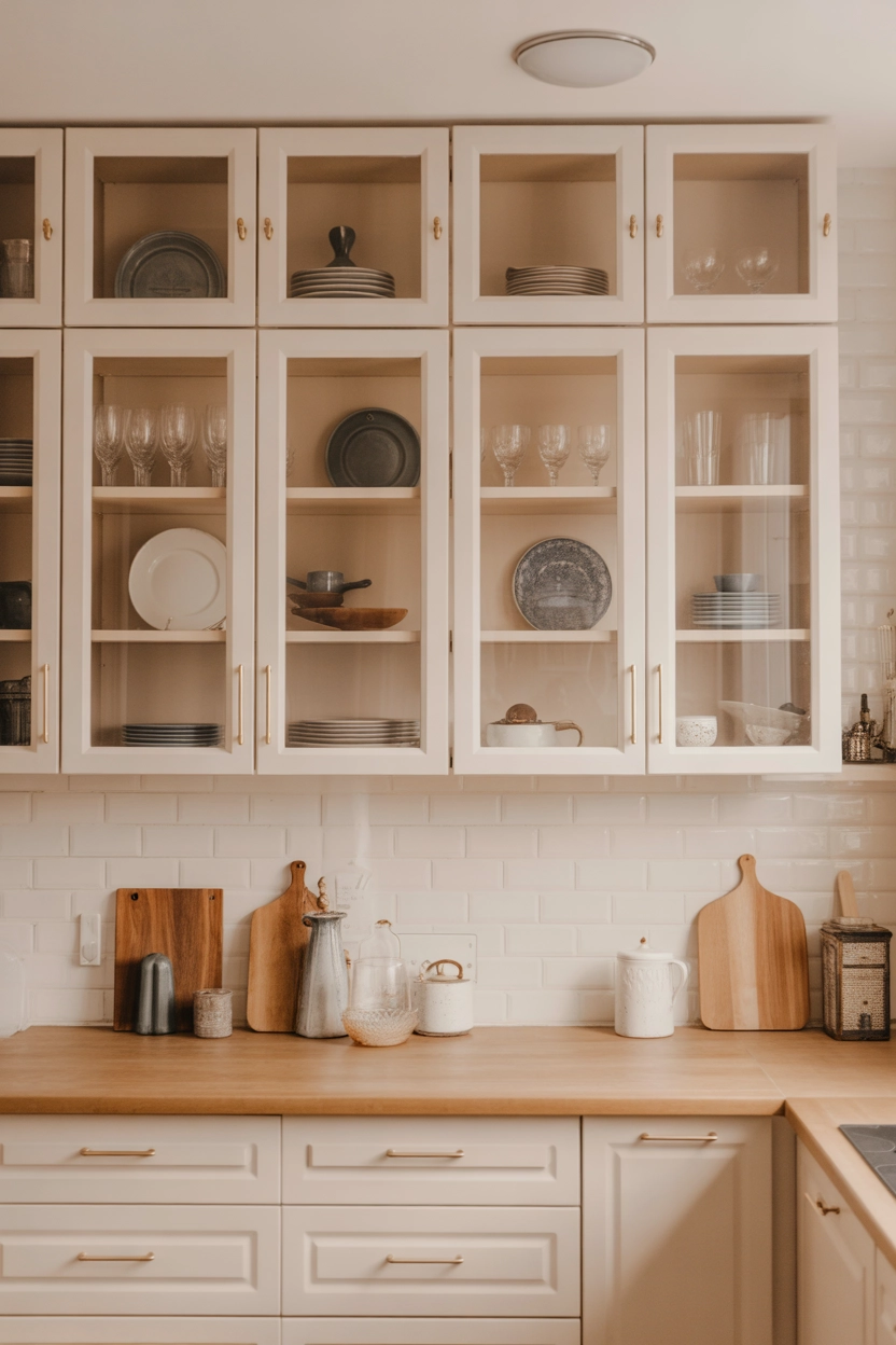 "Pinterest-style aesthetic image showing kitchen cabinets with glass doors displaying elegant dishes and glassware, bright modern kitchen interior, cozy lifestyle photography, ultra detailed, vertical format"