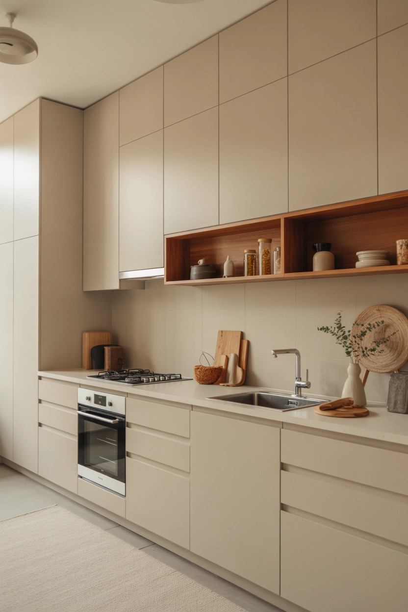 "Pinterest-style aesthetic image showing a modern kitchen with floor-to-ceiling cabinets, sleek minimal design, bright neutral tones, soft natural lighting, cozy lifestyle photography, ultra detailed, vertical format"