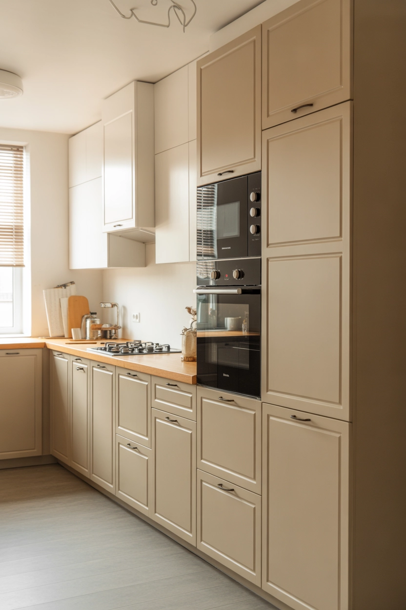 "Pinterest-style aesthetic image showing a modern kitchen with integrated appliances hidden behind cabinet panels, minimalist design, bright natural lighting, clean aesthetic interior, lifestyle photography, ultra detailed, vertical format"
