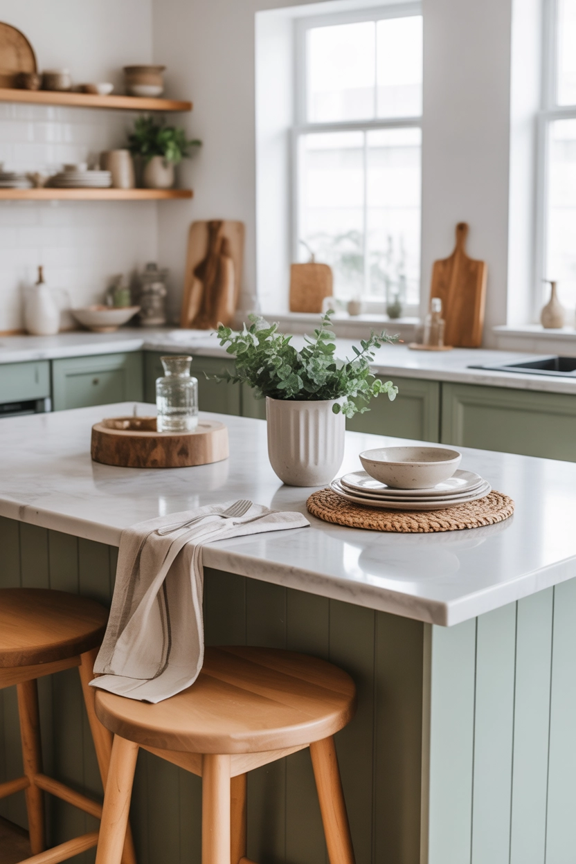"Pinterest-style aesthetic image showing a kitchen with mixed textures including marble countertops, wooden stools, ceramic dishes, linen towels, bright natural lighting, cozy lifestyle photography, ultra detailed, vertical format"