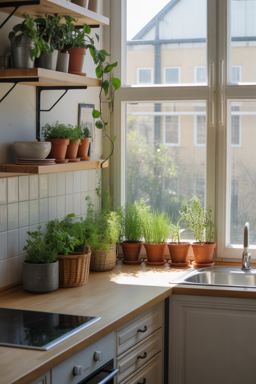 "Pinterest-style aesthetic image showing a bright kitchen with fresh greenery, potted herbs on windowsill, plants on shelves, natural sunlight, cozy lifestyle photography, modern aesthetic composition, ultra detailed, vertical format"