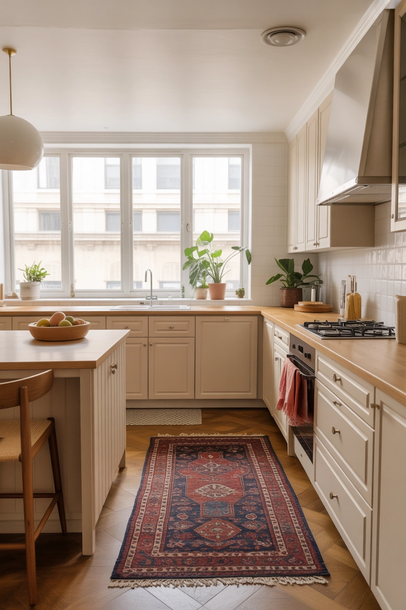 "Pinterest-style aesthetic image showing a bright modern kitchen with a patterned vintage-style rug under the kitchen island, warm cozy lighting, stylish cabinetry, aesthetic lifestyle photography, ultra detailed, vertical format"