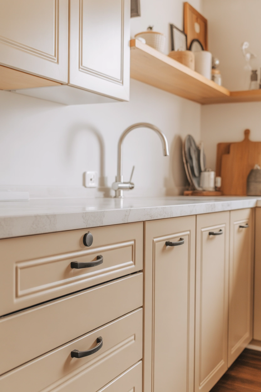 "Pinterest-style aesthetic image showing sleek kitchen cabinets with minimalist gold and matte black hardware, bright modern kitchen interior, clean aesthetic composition, lifestyle photography, ultra detailed, vertical format"