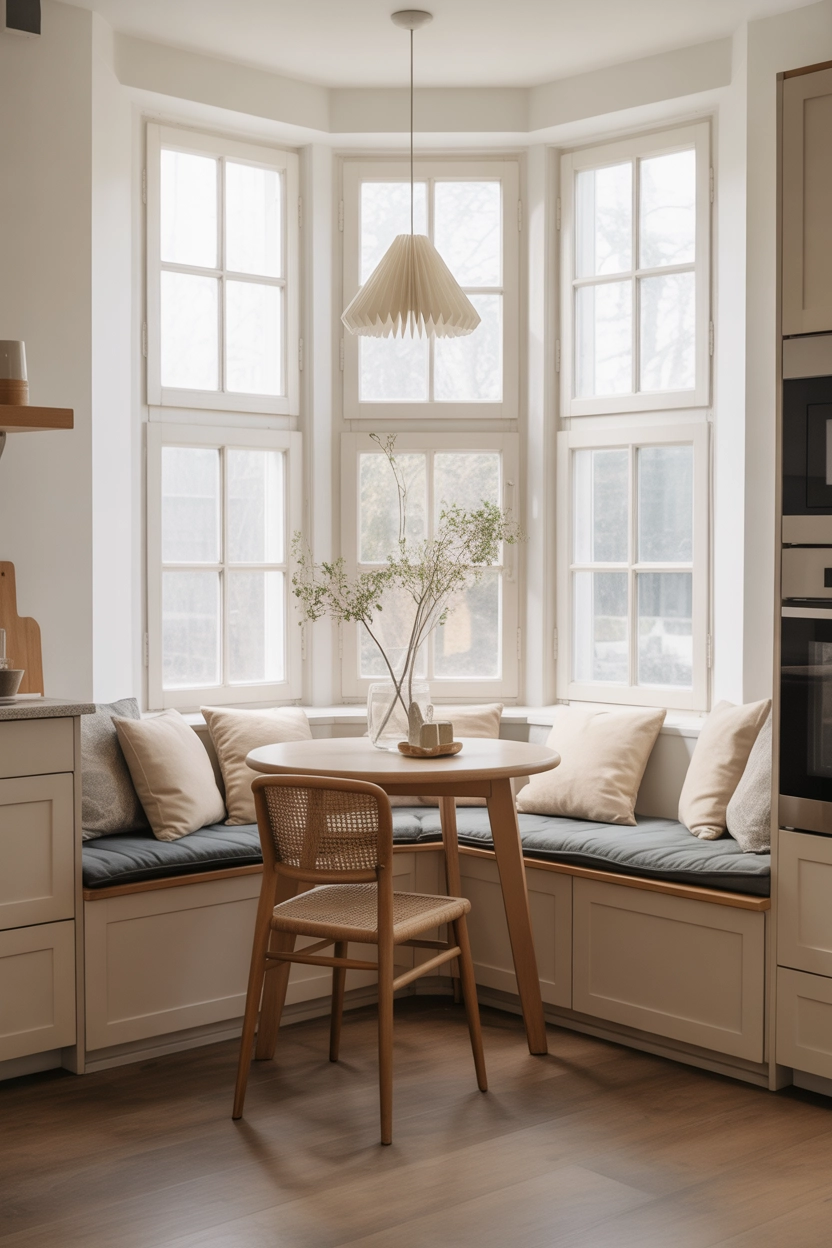 "Pinterest-style aesthetic image showing a cozy kitchen breakfast nook with built-in bench seating, soft cushions, wooden table, bright natural lighting, aesthetic lifestyle photography, ultra detailed, vertical format"