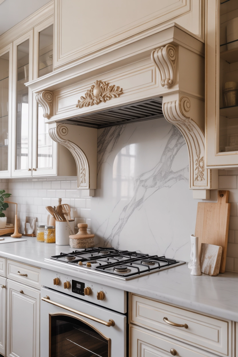 "Pinterest-style aesthetic image showing a decorative kitchen range hood with elegant design above the stove, marble backsplash, bright modern kitchen interior, lifestyle photography, ultra detailed, vertical format"