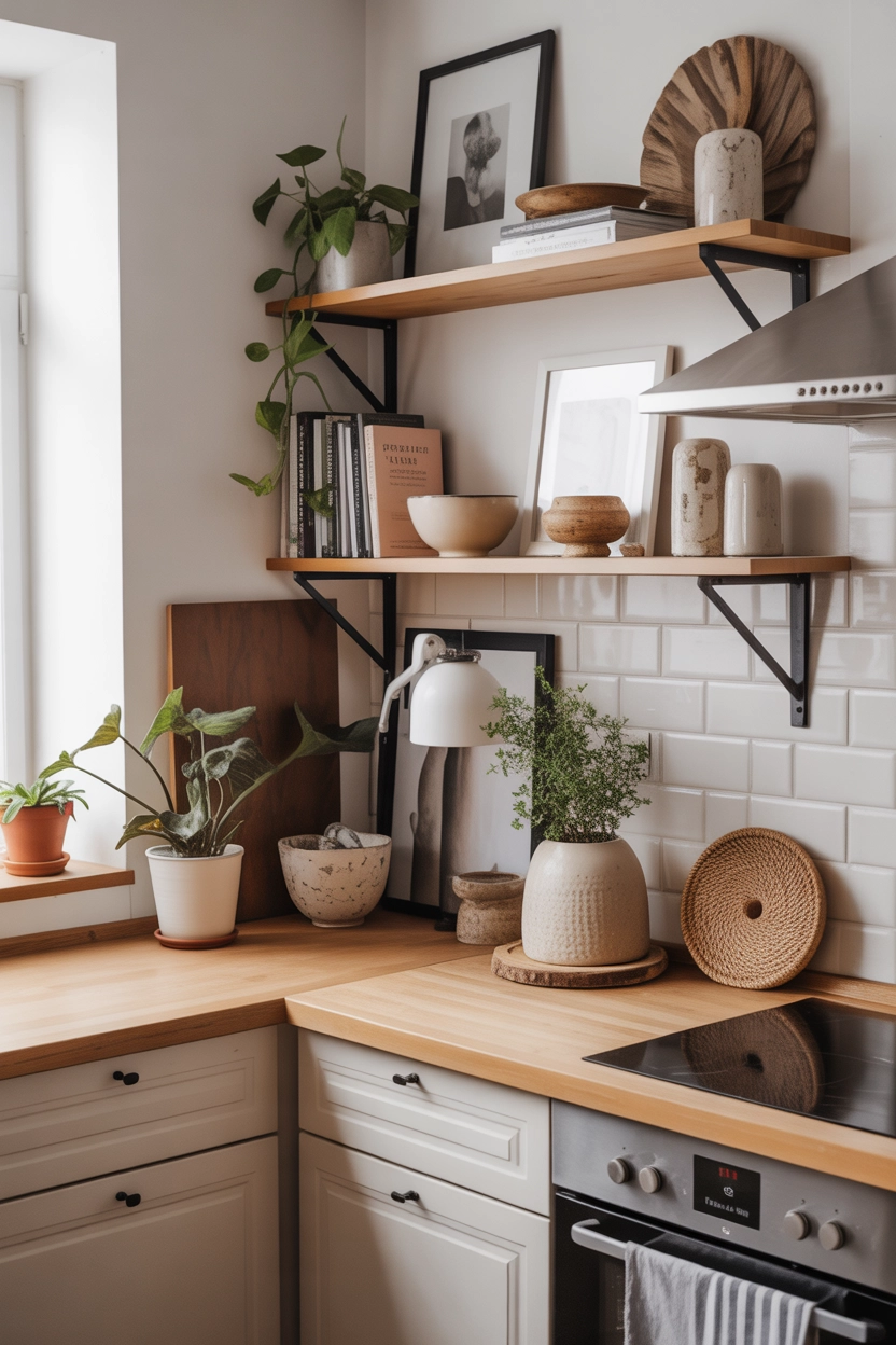"Pinterest-style aesthetic image showing a stylish kitchen with personal decor like framed art, cookbooks, plants, and ceramic bowls, bright cozy lighting, modern lifestyle photography, ultra detailed, vertical format"