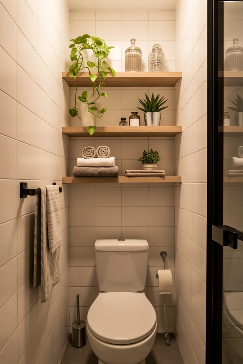 "Pinterest-style aesthetic image showing a small modern bathroom with floating wooden shelves above the toilet holding towels, plants, and decorative jars, soft natural lighting, bright colors, cozy lifestyle photography, modern composition, ultra detailed, vertical format"