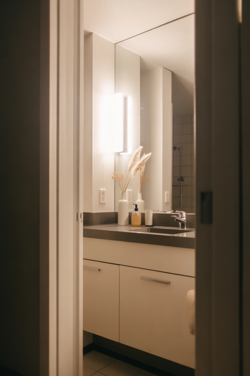 "Pinterest-style aesthetic image showing a small bathroom with a large wall mirror above a vanity reflecting light, bright white walls, modern decor, cozy lifestyle photography, modern composition, ultra detailed, vertical format"
