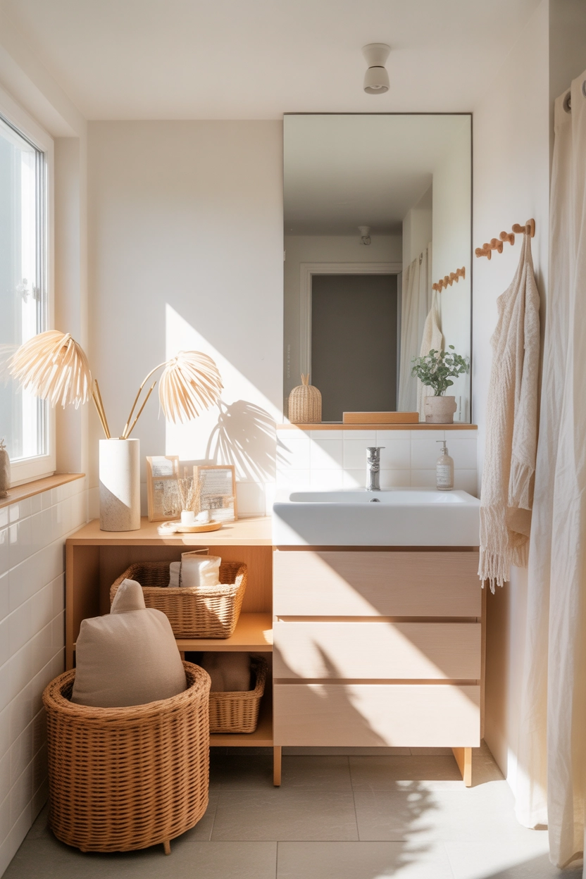 "Pinterest-style aesthetic image showing a bright small bathroom with soft white walls, light wood accents, minimal decor, natural sunlight, cozy lifestyle photography, modern composition, ultra detailed, vertical format"