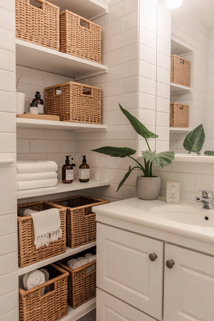 "Pinterest-style aesthetic image showing a small bathroom with woven baskets storing towels and toiletries, organized shelves, bright decor, cozy lifestyle photography, modern composition, ultra detailed, vertical format"