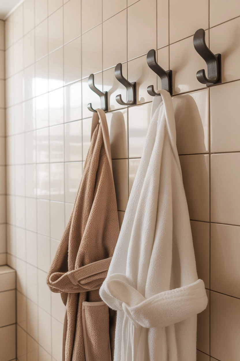 "Pinterest-style aesthetic image showing a small bathroom wall with stylish hooks holding fluffy towels and robes, bright modern decor, cozy lifestyle photography, modern composition, ultra detailed, vertical format"