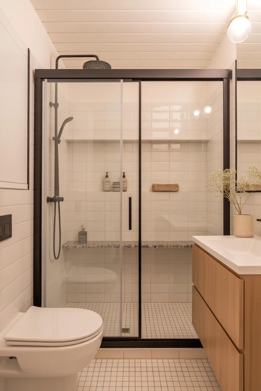 "Pinterest-style aesthetic image showing a modern small bathroom with sleek sliding glass shower doors, bright tiles, minimal decor, cozy lifestyle photography, modern composition, ultra detailed, vertical format"